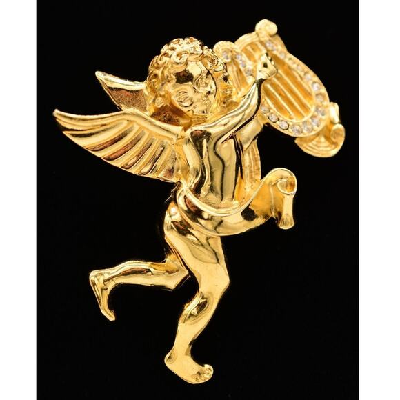 Givenchy Vintage Christmas Angel Pin Brooch Cherub Crystal Gold Signed 80s Bin7 - Picture 1 of 12
